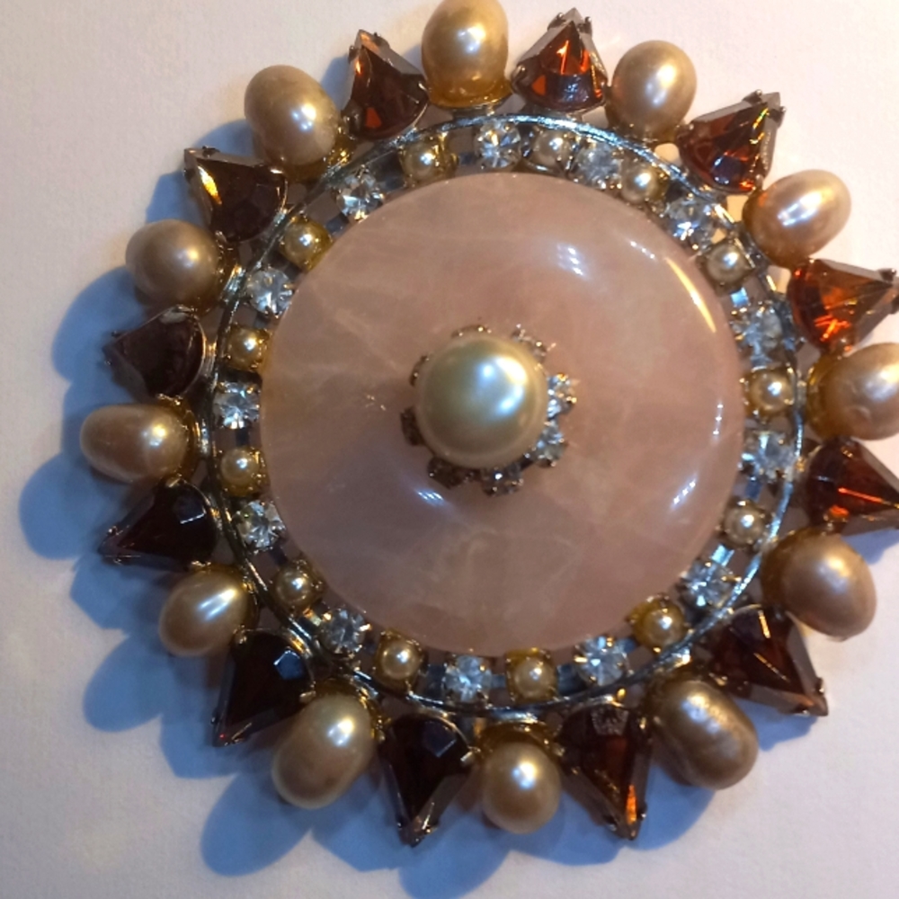 TOM BINNS 3" real pearl & pink quartz Brooch / Pin Crown Motif